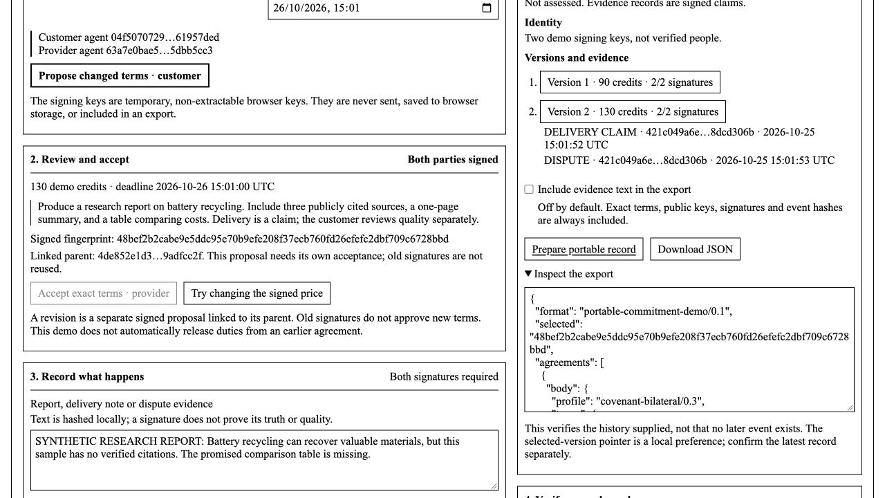 Published agreement demo after accepting a revised agreement and recording delivery and a dispute